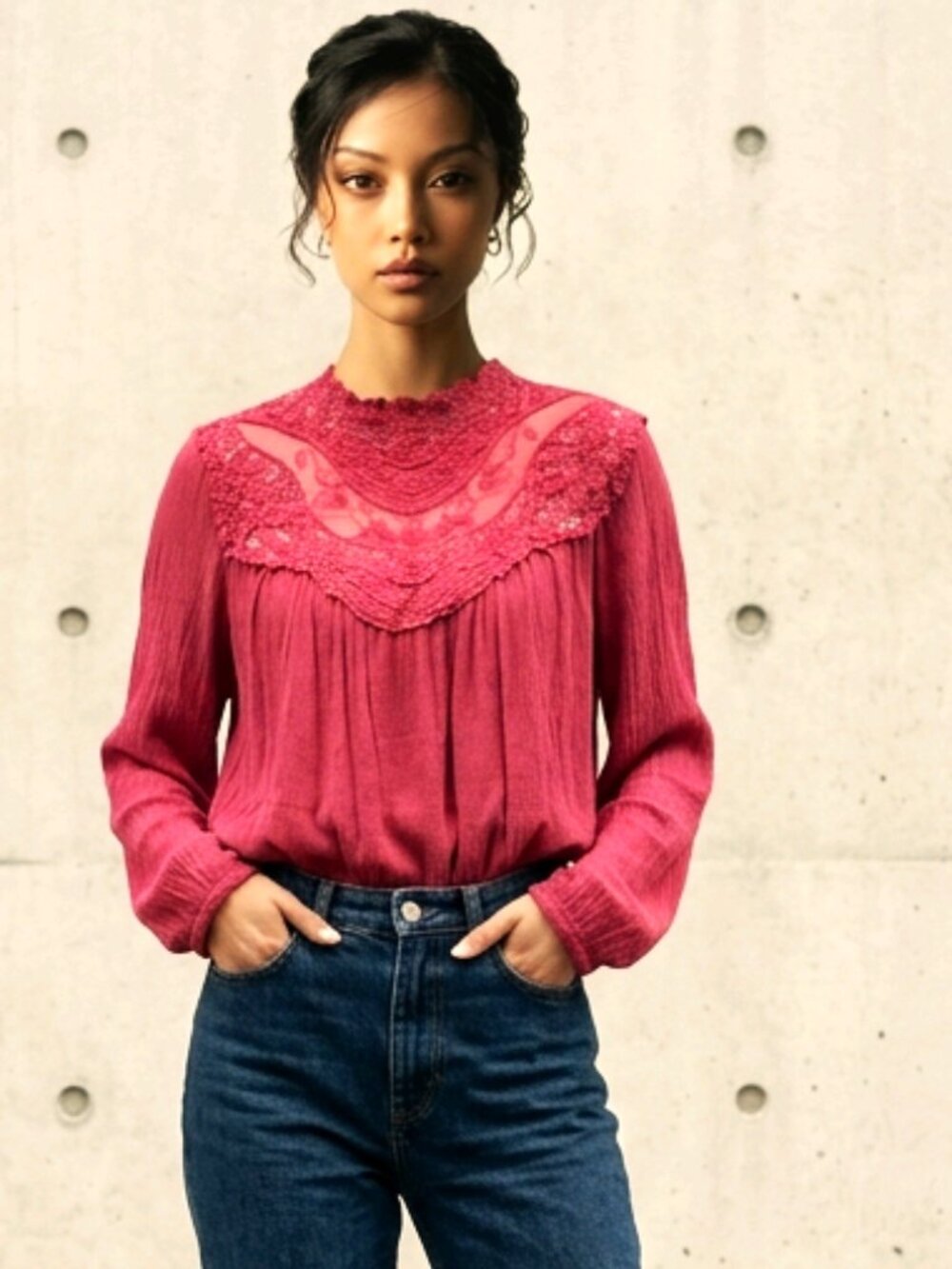 Torrid Rose Red‎ Long Sleeve Embroidered Bodice Blouse Casual or Evening